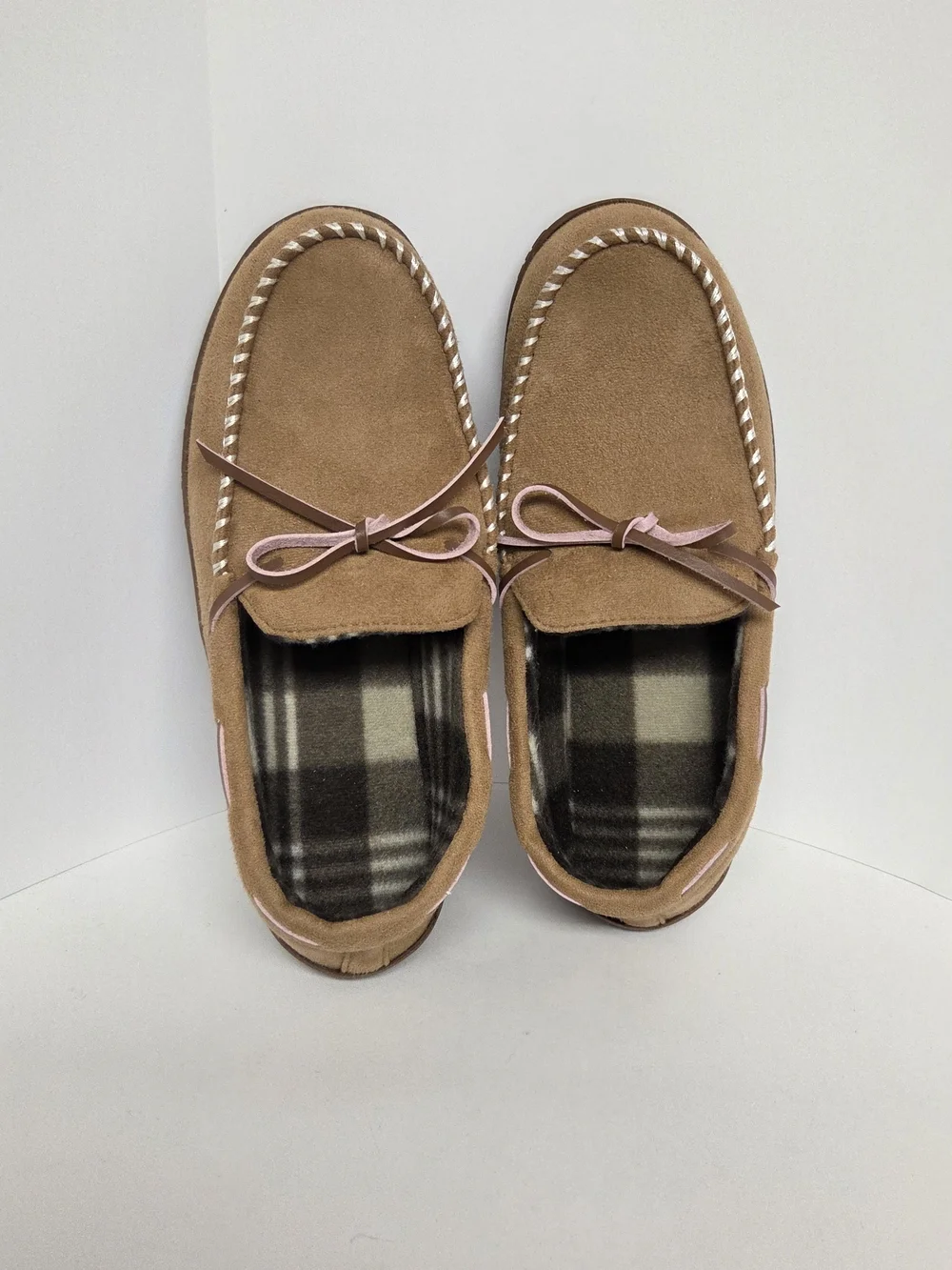 Men's Suede-Look Slip-On Moccasins in Tan with Plaid Lining. Size 10 #0252